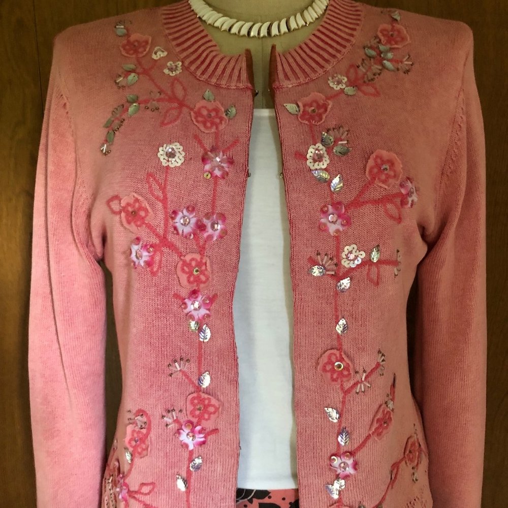 Coral Pink Beaded & Embroidered Bohmean Cotton Sweater - Picture 8 of 15